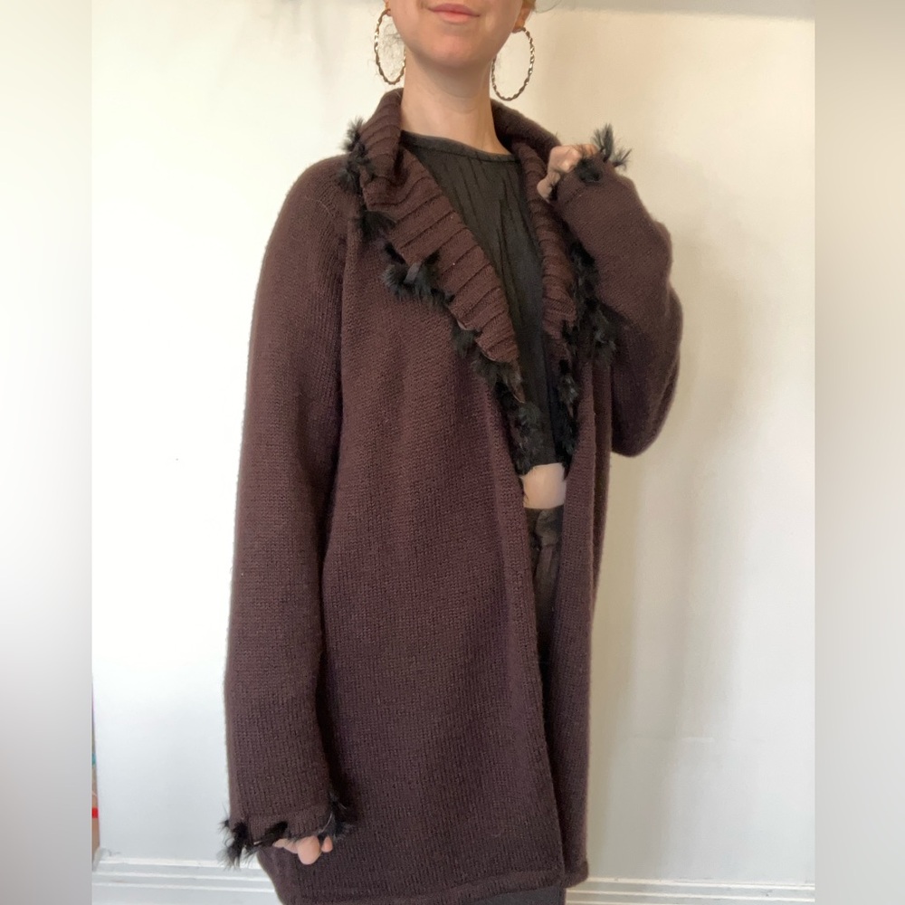 Vintage Nina Leonard wool blend Brown Cardigan with fur in size Medium